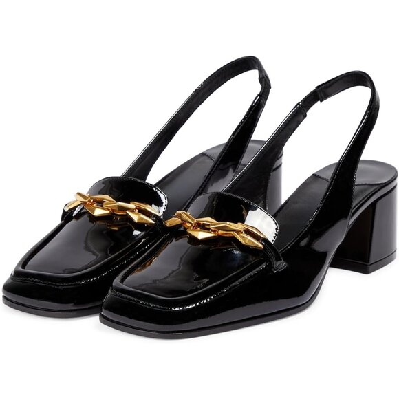 🆕Slingback Heels for Women Square Chunky Block Heel Slip-On Faux Leather Black - Picture 5 of 5
